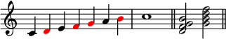  {
\override Score.TimeSignature #'stencil = ##f
\relative c' { 
  \clef treble 
  \time 7/4 c4 \once \override NoteHead.color = #red d e \once \override NoteHead.color = #red f \once \override NoteHead.color = #red g a \once \override NoteHead.color = #red b \time 4/4 c1 \bar "||"
  \time 4/4 <d, f g b>2 <g b d f> \bar "||"
} }
