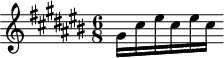 
\version "2.18.2"
\header {
  tagline = ##f
}

\score {
  \new Staff \with {

  }
<<
  \relative c'' {
    \clef treble 
    \key cis \major
    \time 6/8

     %% Prélude original
     gis16 cis eis cis eis cis

  }
>>
  \layout {
     \context { \Score \remove "Metronome_mark_engraver"
    }
  }
  \midi {} 
}
