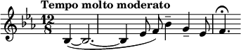  \relative c' { \clef treble \key ees \major \time 12/8 \tempo "Tempo molto moderato" \partial 8*5 bes4~\p\<( bes2.~ | bes4 ees8 f) bes4-- g-- ees8 f4.\fermata } 