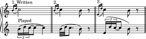  {
\override Score.TimeSignature #'stencil = ##f
{ \new PianoStaff << 
  \new Staff { \relative c'' {
    \clef treble \time 2/4
    \grace { b16(^\markup { 1. Written } d } c2) \bar "||"
    \grace { b16(^\markup { 2. } d } c4) b8 r8 \bar "||"
    \grace { e,16(^\markup { 3. } d' } c4) b8 r8 \bar "||"}
  } 
  \new Staff { \relative c'' {
    \tuplet 3/2 { b16(^\markup { Played } d c~ } c8~ c4)
    b32( d32 c8. b8) r8 
    \tuplet 3/2 { e,16( d' c~ } c8 b8) r8 }
  }
>> } } 
