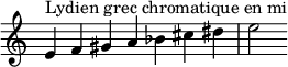  {
\override Score.TimeSignature #'stencil = ##f
\relative c' { 
  \clef treble \time 7/4
  e4^\markup { Lydien grec chromatique en mi } f gis a bes cis dis e2
}}
