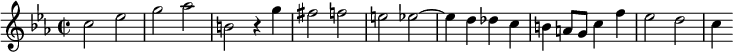 \relative c'{
    \clef treble
 \key c \minor
    \time 2/2 
    c'2 ees      | % 1
    g aes      | % 2
    b, r4 g'      | % 3
    fis2 f      | % 4
    e ees~      | % 5
    ees4 d des c      | % 6
    b a8 g c4 f      | % 7
    ees2 d \bar "|"     | % 8
    c4 
}