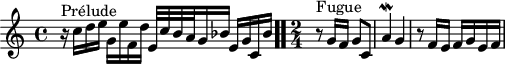 
\version "2.18.2"
\header {
  tagline = ##f
}

\score {
  \new Staff \with {

  }
<<
  \relative c'' {
    \key c \major
    \time 4/4
    \set Staff.midiInstrument = #"harpsichord" 

     %% INCIPIT CBT II-1, BWV 870, ut majeur
     r16^\markup{Prélude} c d e g, e' f, d' e,32 c' b a g16 bes e,[ g c, bes'] \bar ".."
     \time 2/4
     r8^\markup{Fugue} g16[ f] g8 c, a'4\mordent  g r8 f16 e f g e f

  }
>>
  \layout {
     \context { \Score \remove "Metronome_mark_engraver"
     \override SpacingSpanner.common-shortest-duration = #(ly:make-moment 1/2)
       }
  }
  \midi {}
}
