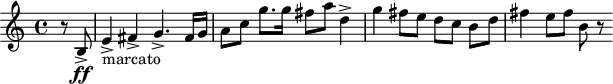 
\header {
  tagline = ##f
}

\score {
  \new Staff \with {

  }
<<
  \relative c'' {
    \key c \major
    \time 4/4
    \tempo 4 = 100
    \override TupletBracket #'bracket-visibility = ##f 
    %\autoBeamOff
    \set Staff.midiInstrument = #"string ensemble 1"

     %%%%%%%%%%%%%%%%%%%%%%%%%% 5e chosta thème {{4e|mouvement}}
     \partial 4 r8 b,8->\ff e4->-"marcato" fis-> g4.-> fis16 g a8 c g'8. g16 fis8 a  d,4->
     g4 fis8 e d c b[ d] fis4 e8 fis b, r8

  }
>>
  \layout {
    \context {
      \Score
      \remove "Metronome_mark_engraver"
    }
  }
  \midi {}
}
