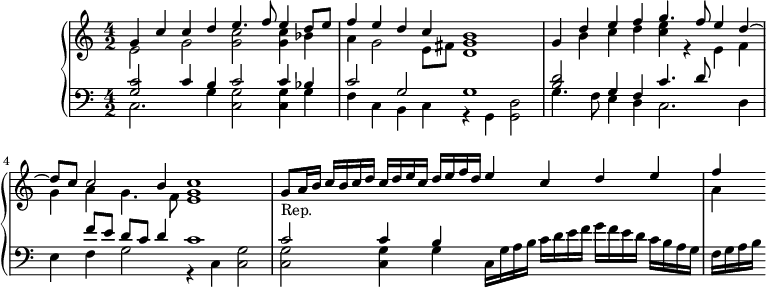 
\version "2.14.2"
\header {
  tagline = ##f
}
upper = \relative c'' {
  \clef treble 
  \key a \minor
  \time 4/2
  \tempo 2 = 58
  \autoBeamOff
  \set fontSize = #-1

    << { g4 c c d e4. f8 e4 d8 e } \\ { e,2 g << g c >> << g4 c >> bes } >> 
    << { f'4 e d c b1 } \\ { a4 g2 e8 fis << d1 g >> } >> 
    << { g4 d' e f g4. f8 e4 d~ } \\ { s4 b c d << c e >> r4 e,4 f } >> 
    << { d'8 c c2 b4 c1 } \\ { g4 a g4. f8 <<e1 g >> } >> 
    % placer ici la double barre
    << { g8_"Rep." a16 b   c b c d    c d e c   d e f d   e4 c d e } \\ {} >>
    << { f4 } \\ { a,4 } >>  
}

lower = \relative c {
  \clef bass
  \key a \minor
  \time 4/2

    << { << c'2 g >> c4 b c2 c4 bes } \\ { c,2. g'4 << c,2 g' >> << c,4 g' >> g } >> 
    << { c2 g g1 } \\ { f4 c b c r4 g << d'2 g, >> } >> 
    << { << d''2 b >> g4 f c'4. d8 } \\ { g,4. f8 e4 d c2. d4 } >> 
    << { s4 f'8 e d c d4 c1 } \\ { e,4 f g2 r4 c,4 << g'2 c, >> } >> 
    << { c'2 c4 b } \\ { << g2 c,2 >> << g'4 c,4 >> g'4 } >> 
     c,16 g' a b   c d e f   g f e d   c b a g   f g a b
}

\score {
  \new PianoStaff <<
    \set PianoStaff.instrumentName = #""
    \new Staff = "upper" \upper
    \new Staff = "lower" \lower
  >>
  \layout {
    \context {
      \Score
      \remove "Metronome_mark_engraver"
    }
  }
  \midi { }
}
