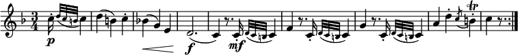  { \relative c'' { \key f \major \time 3/4
\partial 16 * 5 c16-. \p \appoggiatura { d32 c b } c4 | d4( b) c-. | bes!4( \< g) e |
d2.( \f | c4) r8. c16-. \mf \appoggiatura { d32 c b } c4 |
f4 r8. c16-. \appoggiatura { d32 c b } c4 | g'4 r8. c,16-. \appoggiatura { d32 c b } c4 |
a'4 d-. \acciaccatura c8 b4-. \trill | c4 r8. \bar ":|."}}
\layout { \context {\Score \override SpacingSpanner.common-shortest-duration = #(ly:make-moment 1/4) }}