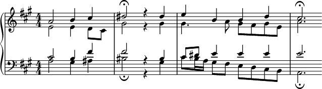  { \new PianoStaff << \new Staff \relative c'' { \key a \major \clef violin \numericTimeSignature \time 4/4 \set Score.tempoHideNote = ##t \tempo 4 = 80 <<\new Voice = "one" {\voiceOne a2 b4 cis dis2\fermata r4 dis e b b d cis2.\fermata} \new Voice = "two" {\voiceTwo e,2 e4 d8 cis gis'2 r4 gis gis4. a8 gis fis gis e a2.}>>} \new Staff \relative c' { \clef bass \key a \major \numericTimeSignature \time 4/4 <<{cis2 b4 fis' fis2 r4 bis, cis8 dis e4 e e e2.}\\{a,2 gis4 ais bis2\fermata r4 gis cis8 b16 a gis8 fis e d cis b a2.\fermata}>> } >> } 