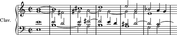 
\version "2.18.2"
\header {
  tagline = ##f
}
upper = \relative c'' {
  \clef treble 
  \key c \major
  \time 2/2
  \tempo 2 = 66
  \tempo "Con brio"
  \set Staff.midiInstrument = #"church organ"

  << { b1~ b cis d e2 a, bes a4 g } \\ { g1~ g2 fis gis a~ a g~ g f e1 s8 } >>

}

lower = \relative c' {
  \clef bass
  \key c \major
  \time 2/2
  \set Staff.midiInstrument = #"church organ"
   
  << { e1 e2 d e fis~ fis e4 d cis2 d~ d c~ \hideNotes c8 } \\ { e,1 b'1~ b2 a b1 a g2 a } >>

} 

\score {
  \new PianoStaff <<
    \set PianoStaff.instrumentName = #"Clav."
    \new Staff = "upper" \upper
    \new Staff = "lower" \lower
  >>
  \layout {
    \context {
      \Score
      \remove "Metronome_mark_engraver"
    }
  }
  \midi { }
}
