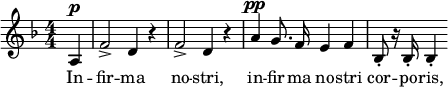  \relative c' { \clef treble \key d \minor \numericTimeSignature \time 4/4 \partial 4*1 a4^\p | f'2-> d4 r | f2-> d4 r | \autoBeamOff a'^\pp g8. f16 e4 f | bes,8-. r16 bes-. bes4-. } \addlyrics { In -- fir -- ma no -- stri, in -- fir -- ma no -- stri cor -- po -- ris, } 