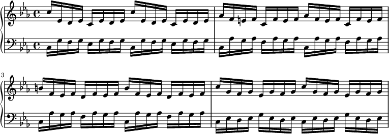 
{
      <<
      \new PianoStaff <<
        \new Staff \relative c'' {
           \clef treble \key c \minor \time 4/4
           \set Score.tempoHideNote = ##t \tempo 4 = 116
           c16 es, d es c es d es c' es, d es c es d es |
           as16 f e f c f e f as f e f c f e f |
           b16 f es f d f es f b f es f d f es f |
           c'16 g f g es g f g c g f g es g f g |
            }
        \new Staff \relative c {
           \clef bass \key c \minor \time 4/4
           c16 g' f g es g f g c, g' f g es g f g |
           c,16 as' g as f as g as c, as' g as f as g as |
           c,16 as' g as f as g as c, as' g as f as g as |
           c,16 es d es g es d es c es d es g es d es |
           } >>
    >>  }
