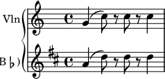 
\new GrandStaff <<
  \new Staff = "violin" \with {
    instrumentName = "Vln"
    midiInstrument = "violin"
  }
  \relative c'' {
    % not strictly necessary, but a good reminder
    \transposition c'
    \key c \major
    g4( c8) r c r c4
  }
  \new Staff = "clarinet" \with {
    instrumentName = \markup { Cl (B\flat) }
    midiInstrument = "clarinet"
  }
  \relative c'' {
    \transposition bes
    \key d \major
    a4( d8) r d r d4
  }
>>
