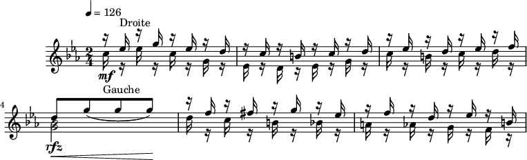 
\version "2.18.2"
\header {
  tagline = ##f
}

\score {
<<
  \relative c'' {
    \key c \minor
    \time 2/4
    \tempo 4 = 126
    \autoBeamOff
    \override TupletBracket.bracket-visibility = ##f

   %%Montgeroult — Étude 35 (pdf p. 97)
           <<
                 \new Voice                                
                 \relative c''
                 {       \voiceOne 
                         r16 ees16^\markup{Droite} r16 g r16 ees r16 d r16 c r16 b! r16 c r16 d r16 ees r16 d r16 ees r16 f
                         d8[\< g_( g g)]\!
                         r16 f  r16 fis r16 g r16 ees r16 f r16 d r16 ees r16 b!
                 }
                                        
                 \new Voice              
                 \relative c''
                 {      \voiceTwo          
                        c16_\markup{Gauche}\mf r16 ees r16 c r16 g r16 ees r16 d r16 ees r16 g r16 c r16 b! r16 c r16 d r16 
                        < bes g >2\rfz
                        d16 r16 c r16 b! r16 bes r16 a r16  aes r16  g r16 f r16 
                 }
          >>
  }

>>
  \layout {
    \context {
      %\remove "Metronome_mark_engraver"
    }
  }
  \midi {}
}
