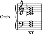 
\version "2.18.2"
\header {
  tagline = ##f
}

%%%%%%%%%% KEYS %%%%%%%%%%%%%

global = { \time 4/4 \override Staff.TimeSignature.stencil = ##f }
Key = { \key c \major }

%% main droite
rhUpper = \relative c'' {
  \voiceOne
  \Key
  < g bes >1
}
rhLower = \relative c' {
  \voiceTwo
  \Key
  < cis e >1
}

%% main gauche
lhUpper = \relative c' {
  \voiceOne
  \Key
  < f, a >1
}
lhLower = \relative c {
  \voiceTwo
  \Key
  < d, d' >1
}

PianoRH = {
  \clef treble
  \global
  \set Staff.midiInstrument = #"acoustic grand"
  <<
    \new Voice = "one" \rhUpper
    \new Voice = "two" \rhLower
  >>
}
PianoLH = {
  \clef bass
  \global
  \set Staff.midiInstrument = #"acoustic grand"
  <<
    \new Voice = "one" \lhUpper
    \new Voice = "two" \lhLower
  >>
}

piano = {
  <<
    \set PianoStaff.instrumentName = #"Orch."
    \new Staff = "upper" \PianoRH
    \new Staff = "lower" \PianoLH
  >>
}

\score {
  \new PianoStaff <<
    \new PianoStaff = "piano" \piano
  >>
  \layout {
    \context {
      \Score
      \remove "Metronome_mark_engraver"
    }
  }
  \midi { }
}
