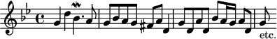 
\version "2.14.2"
\header { 
  tagline = ##f
}

\score {
  \new Staff \with {
    % \remove "Time_signature_engraver"
    % instrumentName = #"BWV 578 "
  }
  \relative c'' {
    \key g \minor
    \time 4/4
    \tempo 4 = 82
    %\autoBeamOff
    \clef treble
    \override Rest #'style = #'classical
    
   % BWV 578
   g4 d' bes4.\mordent a8 | g8 bes a g | fis a d,4 | g8 d a' d, bes' a16 g a8 d, | g-"etc." % d16 g a8 d,16 a' bes8 a16 g a |

  }
  \layout {
      #(layout-set-staff-size 17)
    \context {
      \Score
      \remove "Metronome_mark_engraver"
      \override SpacingSpanner.common-shortest-duration = #(ly:make-moment 1/2)
    }
  }
  \midi {    \set Staff.midiInstrument = #"harpsichord"}
}
