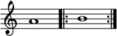  {
\override Score.TimeSignature #'stencil = ##f
{
    \relative c'' {
        \time 4/4
        a1
        \repeat volta 2 { b1 }
    }
} }
