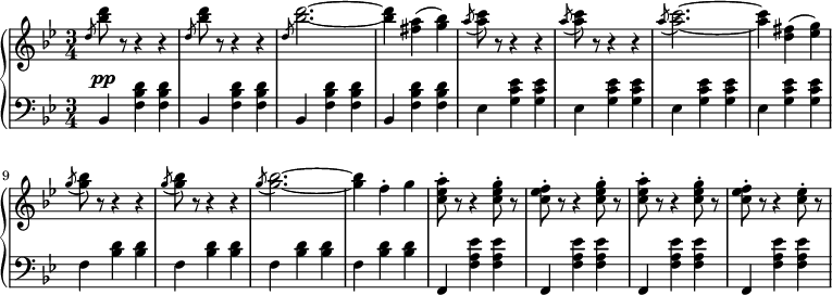 
 \relative c' {
  \new PianoStaff <<
   \new Staff { \key g \minor \time 3/4
\set Score.tempoHideNote = ##t
     \tempo 2. = 52
      \slashedGrace d'8 <bes' d> r r4 r \slashedGrace d,8 <bes' d> r r4 r \slashedGrace d,8 <bes' d>2.~ <bes d>4 <fis a>( <g bes>) \slashedGrace a8( <a c>) r r4 r \slashedGrace a8( <a c>) r r4 r \slashedGrace a8( <a c>2.~) <a c>4 <d, fis>( <ees g>) \slashedGrace g8( <g bes>) r r4 r \slashedGrace g8( <g bes>) r r4 r \slashedGrace g8( <g bes>2.~) <g bes>4 f-. g <c, ees a>8-. r r4 <c ees g>8-. r <c ees f>8-. r r4 <c ees g>8-. r <c ees a>-. r r4 <c ees g>8-. r <c ees f>-. r r4 <c ees>8-. r
   }
   \new Dynamics {
    \slashedGrace s8 s\pp
      }
   \new Staff { \key g \minor \time 3/4 \clef bass \slashedGrace s8
      bes,,4 <f' bes d> <f bes d>     bes, <f' bes d> <f bes d>
         bes, <f' bes d> <f bes d>       bes, <f' bes d> <f bes d>
         ees <g c ees> <g c ees>         ees <g c ees> <g c ees>
         ees <g c ees> <g c ees>         ees <g c ees> <g c ees>
         f <bes d> <bes d>               f <bes d> <bes d>
         f <bes d> <bes d>               f <bes d> <bes d>
         f, <f' a ees'> <f a ees'>       f, <f' a ees'> <f a ees'>
         f, <f' a ees'> <f a ees'>       f, <f' a ees'> <f a ees'>
   }
  >>
 }
