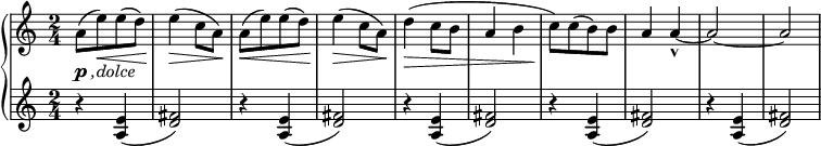 
{ \new PianoStaff <<
    \new Staff = "RH" \relative c'' { \clef treble \key a \minor \time 2/4
    a8(-\markup { \dynamic p \italic { ,dolce} }[ e'\<) e( d) ] | e4\>( c8 a)\! |
     a8(\<[ e') e( d) ] | e4\>( c8 a)\! |
     d4(\> c8 b | a4 b | c8)\![ c( b) b ] | a4 a4-^~ | a2~ | a2  | }
    \new Staff = "LH" \relative c' { \clef treble \key a \minor  \time 2/4
      r4 <e a,>4( | <fis d>2) ] | r4 <e a,>4( | <fis d>2) ] | r4 <e a,>4( | <fis d>2) ] | r4 <e a,>4( | <fis d>2) ] |r4 <e a,>4( | <fis d>2) ] |}
   >> }
