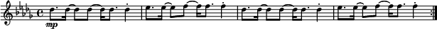 
\new Staff \with { midiInstrument = "pad 3" \magnifyStaff #5/7 }
\transpose a bes {
  \relative a' {
    \clef treble
    \set Score.tempoHideNote = ##t
    \key a \minor
    \time 4/4
    \tempo 4 = 120
    \repeat volta 2
    { c8.\mp c16 ~ c8 c ~ c16 c8. c4-. d8. d16 ~ d8 e ~ e16 e8. e4-. c8. c16 ~ c8 c ~ c16 c8. c4-. d8. d16 ~ d8 e ~ e16 e8. e4-. }
  }
}
\layout {
    \context {
      \Score
      \override SpacingSpanner.base-shortest-duration = #(ly:make-moment 1/16)
    }
  }
