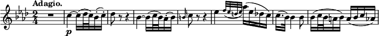 
\relative c'' \new Staff {
 \key aes \major \time 2/4 \set Score.tempoHideNote = ##t \tempo "Adagio." 4=55
 \override Score.NonMusicalPaperColumn #'line-break-permission = ##f
 R2 c4\p ~ c16( des32 c) bes16-.( c-.) des8 r r4
 bes4~ bes16( c32 bes) aes16-.( bes) \grace b c8 r r4
 es4 \appoggiatura { f32 es d es } aes16( es des c) c16.( bes32) bes4 bes8
 bes16( c32 bes a16 bes) a( bes c aes) 
}
