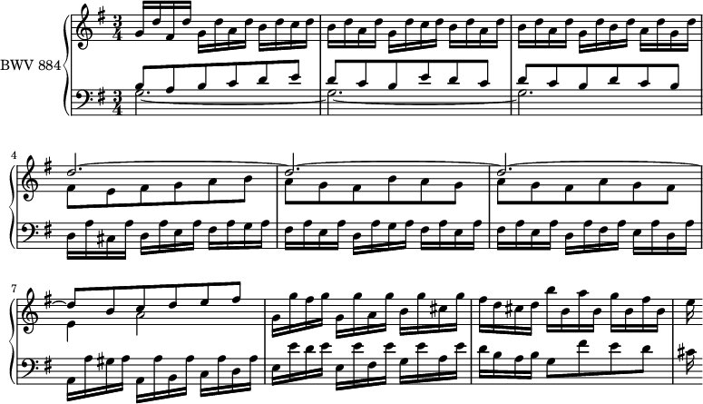 
\version "2.18.2"
\header {
  tagline = ##f
}

upper = \relative c'' {
  \clef treble 
  \key g \major
  \time 3/4
  \tempo 4 = 96
  \set Staff.midiInstrument = #"harpsichord" 

   %% PRÉLUDE CBT II-15, BWV 884, sol majeur
   g16 d' fis, d' g, d' a d b d c d | b d a d g, d' c d b d a d | b d a d g, d' b d a d g, d'~ |
   << { d2.~ d~ d~ d8 b c d e fis } \\ { fis,8 e fis g a b a g fis b a g a g fis a g fis e4 a2 } >>
   g16 g' fis g g, g' a, g' b, g' cis, g' | fis d cis d b' b, a' b, g' b, fis' b, e
}

lower = \relative c' {
  \clef bass 
  \key g \major
  \time 3/4
  \set Staff.midiInstrument = #"harpsichord" 
  
     << { b8 a b c d e d c b e d c d c b d c b } \\ { g2.~ g~ g } >>
     d16 a' cis, a' d, a' e a fis a g a | fis a e a d, a' g a fis a e a | fis a e a d, a' fis a e a d, a' | a, a' gis a a, a' b, a' c, a' d, a' | e e' d e e, e' fis, e' g, e' a, e' | d b a b g8 fis' e d | cis16
} 

\score { 
  \new PianoStaff <<
    \set PianoStaff.instrumentName = #"BWV 884"
    \new Staff = "upper" \upper
    \new Staff = "lower" \lower
  >>
  \layout {
    \context {
      \Score
      \remove "Metronome_mark_engraver"
      %\override SpacingSpanner.common-shortest-duration = #(ly:make-moment 1/3)
    }
  }
  \midi { }
}
