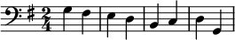 \relative c'{
\set Staff.midiInstrument=harpsichord
\clef bass
\key g\major
\time 2/4
\tempo 2=35
\once \override Score.MetronomeMark #'stencil = ##f
g fis e d b c d g,
}