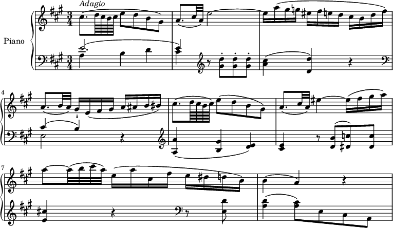 
\version "2.18.2"
\header {
  tagline = ##f
}

upper = \relative c' {
  \clef treble 
  \key a \major
  \time 3/4
  \tempo "Adagio" 4 = 40
    cis'8.  ^\markup{ \italic { Adagio} } (d64 cis b cis e8 d b gis) 
    a8. (cis32 a) e'2 ~ 
    e16 a (gis g eis fis e d cis b d fis)
    a,8. (b32 a) gis16-! e (fis gis a ais b bis)
    cis8. (d64 cis b cis) e8 (d b gis)
    a8. (cis32 a) eis'4 ~ eis16 (fis gis a)
    a8 ~ a32 (b cis a) e16 (a cis, fis e dis d b)
    b4 (a) r
}

lower = \relative c {
  \clef bass
  \key a \major
  \time 3/4
   <<{\stemDown a'4 b d cis} \\ {\stemUp e2. ^(e4)}>>
   \clef treble r8 <gis d'>8-. <gis d'>-. <gis d'>-.
   <a cis>4 (<d, d'>) r \clef bass
   <<{\stemDown e,2} \\ {\stemUp cis'4 ^(b)}>> r4 \clef treble
   <a a'> (<b gis'> < d e>)
   <cis e> r8 <d b'>8 ^ (<dis c'>) <dis c'>
   <e cis'!>4 r \clef bass r8 <e, d'>8 <a d>4 (<a cis>8) e cis a 
} 

\score {
  \new PianoStaff <<
    \set PianoStaff.instrumentName = #"Piano"
    \new Staff = "upper" \upper
    \new Staff = "lower" \lower
  >>
  \layout {
    \context {
      \Score
      \remove "Metronome_mark_engraver"
    }
  }
  \midi { }
}
