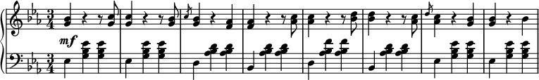 
 \relative b' {
  \new PianoStaff <<
   \new Staff { \key c \minor \time 3/4 \set Score.tempoHideNote = ##t \tempo 4 = 120
    <<
   {
     <g bes>4 r4 r8 <g c>8 <g c>4 r4 r8 <g bes>8 \slashedGrace c8 <g bes>4 r4 <f aes>4 <f aes>4 r4 r8 <aes c>8 <aes c>4 r4 r8 <bes d>8 <bes d>4 r4 r8 <aes c>8 \slashedGrace d8 <aes c>4 r <g bes>4 <g bes>4 r4 bes4
   }
    >>
   }
   \new Dynamics {
    s\mf
   }
   \new Staff { \key c \minor \time 3/4 \clef bass
    ees,, <g bes ees> <g bes ees> ees <g bes ees> <g bes ees> d <aes' bes d> <aes bes d> bes, <aes' bes d> <aes bes d> d, <aes' bes f'> <aes bes f'> bes, <aes' bes d> <aes bes d> ees <g bes ees> <g bes ees> ees <g bes ees> <g bes ees>
   }
  >>
 }
