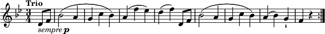 
\relative c'' {
  \version "2.18.2"
  \key bes \major
  \time 3/4
  \tempo "Trio"
  \tempo 4 = 110
  \partial4 d,8_\markup { \italic { sempre } \dynamic p } f
  bes2 (a4 g c bes)
  a (f'ees)
  d (f) d,8 f
  bes2 (a4 g c bes)
  a4 (bes) g-!
  f r4 \bar ":|."
}
