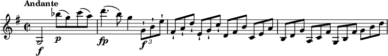 
\relative c'' {
  \version "2.18.2"
  \key g \major
  \time 2/2
  \tempo "Andante"
  \tempo 4 = 70
  g,2 \f bes''8\p (g) c (a)
  d4. \fp (b8) g4 \tuplet 3/2 { g,8-!\f b-! e-! } \scaleDurations 2/3 { fis,8-! [a-! d-!] } 
  \scaleDurations 2/3 {e,-! [g-! c-!]} \scaleDurations 2/3 {d, [fis b]} \scaleDurations 2/3 {c, [e a]}
  \scaleDurations 2/3 {b, [d g]} \scaleDurations 2/3 {a, [c fis]} \scaleDurations 2/3 {g, [b fis']} \scaleDurations 2/3 {g [b d]} 
}
