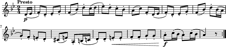 
 \version "2.18.2"
 \relative c' {
  \key bes  \major
  \time 2/4
  \tempo "Presto"
  \tempo 4 = 150
  \partial 8 d16 \p (ees f8-.) d-. ees-. g-.
  f (bes) d-. c16 (d ees8-.)
  d-. c-. bes-.
  a (c) f,-. d16 (ees f8-.) d-. ees-. g-.
  f (bes) d-. bes16 (a g8-.) f-. e-. d-.
  cis (e) a,-. b16 (c d8-.) d-. e-. \< e-.
  f-. f-. g-. g-.
  a-. \f c16 (bes a8-.) c16 (bes a4)
    r8 \bar ":|."
}

