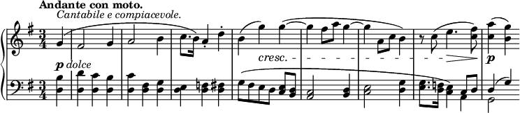 
\relative c'' {
 \new PianoStaff <<
  \new Staff {
   \key g \major \time 3/4 \set Score.tempoHideNote = ##t \tempo "Andante con moto." 4=86 \partial 4
   g4^\markup { \italic { Cantabile e compiacevole. } }( fis2 g4 a2 b4 c8. b16) a4-. d-.
   b( g') g( ~ g fis8 a g4~ g a,8 c b4)
   r8 c( e4. <fis c>8) <a c,>4( <g b,>)
  }
  \new Dynamics {
   \override TextScript #'whiteout = ##t
   s4-\markup { \dynamic p \italic dolce } s2. s s
   s4 s\cresc s s2. s s4 s4.\> s8\! s\p
  }
  \new Staff { \key g \major \time 3/4 \clef bass
   <b,, d,>4 <d d,> <c d,> <b d,> <c d,> <fis, d> <g d> <e d> <f d> <fis d>
   g8( [ fis e d] <e c> <d b> <c a>2 <d b>4 <e c>2 <g d>4
   <g e>8. <f d>16 <e c>4) << { c8 d d4( g) } \\ { a,4 g2 } >>
  }
 >>
}
