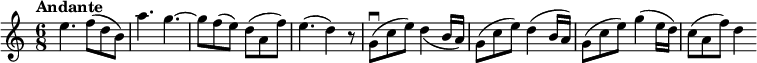 
\new Staff \with {midiInstrument = #"violin"} {
  \relative c'' {
  \key c \major
  \numericTimeSignature
  \time 6/8
  \tempo "Andante"
  e4. f8( d b)
  a'4. g~
  g8 f( e) d( a f')
  e4.( d4) r8
  g,\downbow( c e) d4_( b16 a)
  g8( c e) d4( b16 a)
  g8( c e) g4( e16 d)
  c8( a f') d4
  }
}
  \midi {
    \context {
      \Score
      tempoWholesPerMinute = #(ly:make-moment 80 8)
    }
  }
