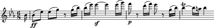 
\relative c'' {
  \key es \major \time 6/8 \set Score.tempoHideNote = ##t \tempo 4 = 150
  \partial 16 bes16 | bes8\ff( es) es([ g)] r g16( bes) |
  bes16( es) es4~\sf es es16( g) |
  f8\p r d16( f) es8 r g,16( bes) |
  bes4\trill~ bes16 a bes4
}
