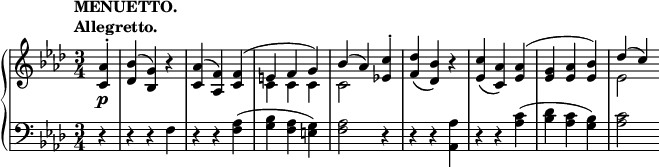 
 \relative c' {
  \new PianoStaff <<
   \new Staff { \key f \minor \time 3/4 \partial 4
    \tempo \markup {
     \column {
      \line { MENUETTO. }
      \line { Allegretto. }
     }
    }
    <<
     {
      <aes' c,>4-. <bes des,>( <g bes,>) b\rest <aes c,>( <f aes,>) <f c>( e f g) bes( aes)
      <c es,!>-. <des f,>_\( <bes des,>\) b\rest <c es,>_\( <aes c,>\) <aes es>( <g es> <aes es> <bes es,>) des( c)
     }
    \\
     { s4 s2. s c,4 c c c2 s4 s2. s s es2 }
    >>
   }
   \new Dynamics {
    s4\p
   }
   \new Staff { \key f \minor \time 3/4 \clef bass
    r4 r r f, r r <aes f>( <bes g> <aes f> <g e>) <aes f>2
    r4 r r <aes aes,> r r <c aes>( <des bes> <c aes> <bes g>) <c aes>2
   }
  >>
 }
