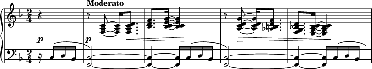 
 \relative c' {
  \new PianoStaff <<
   \new Staff { \key f \major \set Score.tempoHideNote = ##t \tempo "" 4=96 \time 2/4 \partial 4
    \override Score.NonMusicalPaperColumn #'line-break-permission = ##f
    r4 \set Score.tempoHideNote = ##t \tempo "Moderato" 4=96 r8
    <c~ a~ f~> <c a f>16 <d c a f>8. <f d bes> <g~ e~ c~ bes~>16 <g e c bes>4
    r8 <g~ d~ c~ a~> <g d c a>16 <f d b aes>8. <d bes! g f>8. <c~ bes~ g~ e~>16 <c bes g e>4
   }
   \new Dynamics {
    s4\p s\p s16 s8.\< s4 s\! s8 s\> s4 s s\!
   }
   \new Staff { \key f \major \time 2/4 \clef bass
    r16 c,^( d bes <c~ f,~>2) <c~ f,~>4 <c f,>16 c^( d bes
    <c~ f,~>2) <c~ f,~>4 <c f,>16[ c^( d bes16*1/2] \hideNotes c)
   }
  >>
 }
