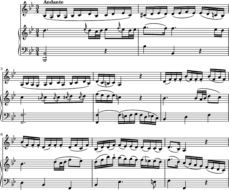 
\version "2.18.2"
\header {
  tagline = ##f
}
upper = \relative c' {
              \key bes \major
              \time 3/4
              \tempo "Andante"
              \tempo 4 = 50
         d'4. \grace ees32 (d16) c32 d ees 8 \grace f32 (ees16) d32 ees
         g8. (f16) f4. ees16 d
         c4 \grace b16 (c8) \grace b16 (c8) \grace cis16 (d8) \grace cis16 (d8)
         f16 (ees d ees) c!4 r
          bes4. bes16 (a32 bes d8 c)
          bes4. d16 (c32 d f8 ees)
          d16 (f bes) a-! a (g) g (f) f (ees!) ees (d)
          f8. (d16) c (bes a g) f (ees d c)
            }                 
lower = \relative c {
              \clef bass 
              \key bes \major
              \time 3/4
       <bes, bes'>2 r4 bes''4 bes, r
       <f f'>2. <f f'>4 ( f'16) (e f g f d ees c)
       bes4 d f d bes f bes ees4. e8
       f4 f, r
             }
     
vl = \relative c' {
            \key bes \major
            \time 3/4
            \set Staff.midiMinimumVolume = #0.2 \set Staff.midiMaximumVolume = #0.5
        bes16^\markup \bold {{"Andante"}} (a bes a bes c d bes c d ees c)
        cis (d ees d) d (ees f ees) ees (d c! bes)
        a16 (bes a g a bes c a bes c d bes)
        d (c b c) a4 r
        d16 (f) f-. f-. bes (f) f-. f-. bes (f a f)
        bes (f) f-. f-. d (f) f-. f-. d (f c f)
        bes, (d) d (f) f (ees) ees (d) d (c) c (bes)
        d8. (bes16) a4 r
                 }           
\score {
    \new GrandStaff <<
   \new PianoStaff <<  
    \new Staff = "upper" \upper
    \new Staff = "lower" \lower
  >>
   \new Staff = "vl" \vl
    >>
    \layout {
    \context {
      \Score
      \remove "Metronome_mark_engraver"
    }
  }
  \midi { }
}
