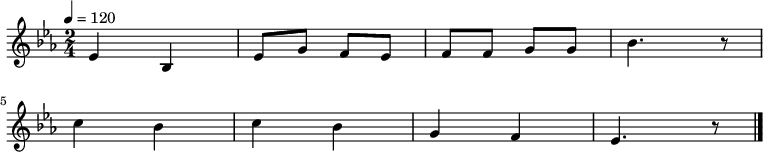 
\relative {
    \set Staff.midiInstrument = #"piano"
	\key ees \major
	\time 2/4
	\tempo 4 = 120
    \new Voice \relative c' {
	ees4 bes4 ees8 g8 f8 ees8 f8 f8 g8 g8 bes4. r8 \bar "|" \break
	c4 bes4 c4 bes4 g4 f4 ees4. r8 \bar "|." \break
    }
}
