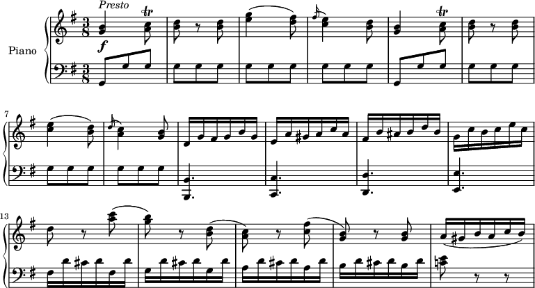 
\version "2.18.2"
\header {
  tagline = ##f
}
upper = \relative c' {
  \clef treble 
  \key g \major
  \time 3/8
  \tempo "Presto"
  \tempo 4 = 145
  %\autoBeamOff

 <g' b>4 \f ^\markup{ \italic {Presto } } <a c>8 \trill
  <b d> r <b d>
<e g>4 (<d fis>8)
 \grace fis16 ^(<c e>4) <b d>8
<g b>4 <a c>8 \trill
<b d> r <b d>
<c e>4 (<b d>8)
 \grace d16 ^(<a c>4) <g b>8
 d16 g fis g b g
 e a gis a c a
 fis b ais b d b
 g c b c e c 
 d8 r <a' c>
 (<g b>) r <b, d>
 (<a c>) r <c fis>
 (<b g>) r <g b>
 a16 (gis b a c b)
 

}

lower = \relative c {
  \clef bass
  \key g \major
  \time 3/8
   
  g8 g' \repeat unfold 10 {g} 
  g,8 g' \repeat unfold 10 {g}
 <b,, b'>4.  <c c'> <d d'> <e e'>
 fis'16 d' cis d fis, d'
 g, d' cis d g, d'
 a d cis d a d
 b d cis d b d
 <c! e>8 r r
} 

\score {
  \new PianoStaff <<
    \set PianoStaff.instrumentName = #"Piano"
    \new Staff = "upper" \upper
    \new Staff = "lower" \lower
  >>
  \layout {
    \context {
      \Score
      \remove "Metronome_mark_engraver"
    }
  }
  \midi { }
}
