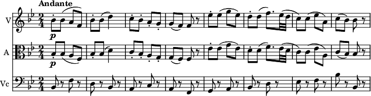 
<< \new Staff \with { instrumentName = #"V"}  
     \relative c'' {
    \version "2.18.2"
    \key bes \major 
    \tempo "Andante"
    \time 2/4
    \tempo 4 = 90
  bes8-. \p  bes (a f)
  bes-. bes (d4)
  c8-. bes-. a-. g-.
  g (f) f r 
  ees'-. ees (g ees)
  d-. d (f8.) ees32 (d c8)
  c (ees a,)
  c (bes) bes r
}
\new Staff \with { instrumentName = #"A "} \relative c'' {
    \key bes \major 
    \clef "alto"
     bes,8-. \p bes (a f)
  bes-. bes (d4)
  c8-. bes-. a-. g-.
  g (f) f r
  ees'-. ees (g ees)
  d-. d (f8.) ees32 (d c8)
  c (ees a,)
  c (bes) bes r
 }
 \new Staff \with { instrumentName = #"Vc "} \relative c'' {
    \key bes \major 
    \clef "bass"
    bes,,8 r f' r
    d r bes r
    a r c r
    a r f r
    g r a r
    bes r d r
    ees r f r
    bes r bes, r
 } 
>>
