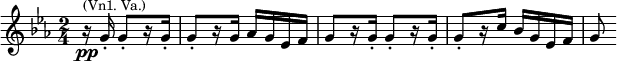 \relative c'' {\time 2/4 \key c \minor \partial 4. r16\pp^\markup{\smaller {(Vn1. Va.)}} g-. g8-.[ r16 g-.] g8-.[ r16 g] as g es f g8[ r16 g-.] g8-.[ r16 g-.] g8-.[ r16 c] bes g es f g8}