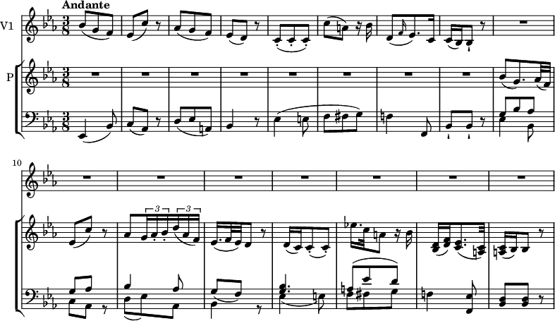 
\new GrandStaff <<
    \new StaffGroup <<
      \new Staff {
        \version "2.18.2"
         \tempo  "Andante"
        \clef treble
        \key ees \major
       \time 3/8
       \tempo 4 = 30

     \relative c'' {\set Staff.instrumentName = "P"
                \repeat  unfold 12 {R} 
                bes8 (g8.) aes32 (f)
                ees8 (c') r
                aes \tuplet 3/2 {g16 aes-. bes-.}  \tuplet 3/2 {d16 (aes f)}
                ees16. (f32 es) d8 r
                d16 (c) c8-. (c-.)
                ees'!16. c32 a8 r16 bes
                <bes, d> (<d f>) <c ees>8. (<a c>32)
                <a c>16 (bes) bes8 r
            }
      }
      \new Staff {
                 \clef bass
                  \key ees \major
                  \time 3/8

      \relative c {
            ees,4 (bes'8)
            c (aes) r
            d (ees a,)
            bes4 r8
            ees4 (e8 f fis g)
            f!4 f,8
            bes-! bes-! r
            <<{\stemDown ees4 bes8 c aes s d _ (ees) aes, bes4 s8 ees4 _(e8) f fis g} \\ {\stemUp g8 bes aes  g aes r bes4 aes8 g8 (f) r <g bes>4. a8 ^(ees' d)}>>
            f,!4 <f, ees'>8
            <bes d> <bes d> r
             }
      }
>>
    \new Staff { \set Staff.instrumentName = "V1"
           \relative c'' {
              \key ees \major
              \time 3/8
             bes8  (g f)
             ees (c') r
             aes (g f)
             ees (d) r
             c-. (c-. c-.)
             c' (a) r16 bes
             d,8 ( \grace f16 (ees8.)) c16
             c (bes) bes8-! r
             \repeat unfold 24 {R}
                 }
           }
  >>
