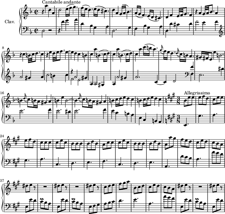 
\version "2.18.2"
\header {
  tagline = ##f
}

%% les petites notes
trillCisq = { \tag #'print { cis8\prall } \tag #'midi { d32 cis d cis } }

upper = \relative c'' {
  \clef treble 
  \key d \minor
  \time 2/2
  \tempo 2 = 62
  \set Staff.midiInstrument = #"harpsichord"
  \override TupletBracket.bracket-visibility = ##f


     s8*0^\markup{Cantabile andante} r4 a'4 d, a | d2 e16( f g4.) | f16( e d4.) e16( d cis4.) | d4 a g16( a bes4.) | a16( g f4.) e16( d cis4.) |
     % ms. 6
     d4 f e32 f g8. f4 | r4 a4 g32 a bes8. a4 | r4 c4 b32 c d8. c4 | r4 e4 d32 e f8. e4~ | e d c b |
     % ms. 11
     \repeat unfold 2 { c4 a' b,4.( c16 d) } c4 a' c16( b a4.) | \appoggiatura g16 f16 e d4.  \appoggiatura d16 c16 b a4. | gis16 fis  e8 e'4 b2~ |
     % ms. 16
     b4 \appoggiatura d16 c8 b16 a gis4 a | b e b2~ | b4 \appoggiatura d16 c8 b16 a gis4 a | \repeat unfold 2 { b c16 d e8 d4 c } |
     % ms. 21
       \tempo 4. = 98  \time 3/8  \key a \major  b8^\markup{Allegrissimo} e e | \tempo 4. = 105 e fis d | cis e e | e fis d | cis cis cis | cis e cis | b b b | b d b |
     % ms. 29
     a8 cis cis | cis e cis | b b b | b d b | a a' gis | fis e d  | cis e d | cis b a | \repeat unfold 2 { dis8 e r8 | 
     % ms. 38
      R4. } | dis8 e r8 | cis8 d e | fis gis a | b, cis d | cis e d | cis b a | 
     % ms. 47
     dis8 e r8 R4. dis8 e r8

}

lower = \relative c {
  \clef bass
  \key d \minor
  \time 2/2
  \set Staff.midiInstrument = #"harpsichord"

    % **************************************
     d2 r2 | r4 f'4 g a | d, bes g a | d,2. g4 | f bes g a |
     % ms. 6
     d,4 d' cis d | f2 e4 f |   \clef treble  a2 gis4 a | c2 b4 c | << { r4 a2 gis4 | } \\ { f2 e } >>
     % ms. 11
     a,4 a2 gis4 | a a'2 gis4 | a2. c,4~ | c d2   \clef bass << { f4 } \\ { f,4 | e2. dis'4 } >>
     % ms. 16
     e2. f4 | e2. dis4 | e2. f4 | e c b a | e c b   \tempo 2 = 45 a4 |
     % ms. 21
       \time 3/8  \key a \major e4. | gis' a gis a cis, d e 
     % ms. 29
     fis4. cis d e a, | d'8 cis b | a4. | a'8 gis fis | e,8 e' d | 
     % ms. 38
     \trillCisq b8 a | e e' d | \trillCisq b8 a | e fis gis a b cis | d4. e a, | a'8 gis fis |
     % ms. 47
     e,8 e' d | \trillCisq b a | e e' d | 

}

thePianoStaff = \new PianoStaff <<
    \set PianoStaff.instrumentName = #"Clav."
    \new Staff = "upper" \upper
    \new Staff = "lower" \lower
  >>

\score {
  \keepWithTag #'print \thePianoStaff
  \layout {
      #(layout-set-staff-size 17)
    \context {
      \Score
     \override SpacingSpanner.common-shortest-duration = #(ly:make-moment 1/2)
      \remove "Metronome_mark_engraver"
    }
  }
}

\score {
  \keepWithTag #'midi \thePianoStaff
  \midi { }
}
