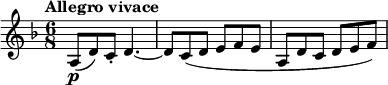  \relative c' { \clef treble \time 6/8 \key d \minor \tempo "Allegro vivace" a8(\p d) c-. d4.~ | d8 c( d e f e | a, d c d e f) } 