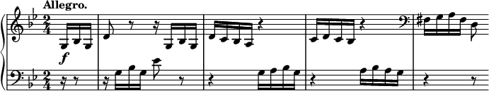 
\relative c' {
 \new PianoStaff <<
  \new Staff {
   \key g \minor \time 2/4 \set Score.tempoHideNote = ##t \tempo "Allegro." 4=116 \partial 8.
   g16\f bes g d'8 r r16 g,16 bes g d' c bes a r4
   c16 d c bes r4 \clef bass fis16 g a fis d8
  }
  \new Staff { \key g \minor \time 2/4 \clef bass
   r16 r8 r16 g bes g es'8 r8 r4 g,16 a bes g r4 a16 bes a g r4 r8
  }
 >>
}
