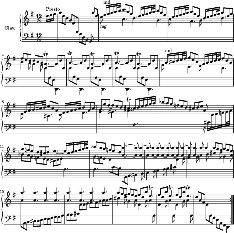 
\version "2.18.2"
\header {
  tagline = ##f
  % composer = "Domenico Scarlatti"
  % opus = "K. 14"
  % meter = "Presto"
}

%% les petites notes
trillAp      = { \tag #'print { a4.\trill~ } \tag #'midi { b32 a b a~ a4~ } }
trillApUp    = { \tag #'print { a'4.\trill~ } \tag #'midi { b32 a b a~ a4~ } }
trillBpUp    = { \tag #'print { b'4.\trill~ } \tag #'midi { c32 b c b~ b4~ } }
trillCisp    = { \tag #'print { cis4.\trill~ } \tag #'midi { d32 cis d cis~ cis4~ } }
trillEpDown  = { \tag #'print { e,4.\trill } \tag #'midi { fis32 e fis e~ e4 } }

upper = \relative c'' {
  \clef treble 
  \key g \major
  \time 12/8
  \tempo 4. = 92
  \set Staff.midiInstrument = #"harpsichord"
  \override TupletBracket.bracket-visibility = ##f
  \omit TupletNumber

  \repeat volta 2 {
      \partial 8
      s8*0^\markup{Presto}
      \times 2/3 { d16 e fis } | g8 d b g d  \stemUp \change Staff = "lower" b \change Staff = "upper" s4. s8 g''8 d | s8 e16^\markup{md} fis g a32 b c8 a fis s8 d16 e fis g32 a b8 g e |
      % ms. 3
      s8 c16 d e fis32 g a8 fis d s8 b16 c d e32 fis g8 d fis | fis8 e d d c b \trillAp a8 d d, | \repeat unfold 2 { \trillBpUp b8 d d, \trillApUp a8 d d, } | 
      % ms. 7
      s8 b'16^\markup{md} cis d e32 fis g8 e cis  s8 a16 b cis d32 e fis8 d b | s8 g16 a b cis32 d e8 cis a s8 fis16 g a b32 cis d8 a cis
      % ms. 9
      b8 g' fis~ fis e d \trillCisp cis8 d16 e fis g32 a | bes8 a g f e d cis d e a, s4 | g'8 f e d cis d e4.~ e16 cis d e f g32 a |
      % ms. 12
      << { bes8 a g f e d } \\ { g,8 f e } >> \mergeDifferentlyDottedOn < a a' >4.~ q8 \repeat unfold 5 { q4~ q8 } | < a a' >4~ a'8 a4 a8 g fis g fis e | a4.  \repeat unfold 6 { < a, a' >4. } a'4.a8 g fis g fis e  \repeat unfold 3 { fis d b' \trillEpDown } | d8 a fis s4.*2 s4 }%reprise

}

lower = \relative c' {
  \clef bass
  \key g \major
  \time 12/8
  \set Staff.midiInstrument = #"harpsichord"
  \override TupletBracket.bracket-visibility = ##f
  \omit TupletNumber

  \repeat volta 2 {
    % ************************************** \appoggiatura a8  \repeat unfold 2 {  } \times 2/3 { }   \omit TupletNumber 
      s8 s2. g8 d b g s4 | \stemDown \change Staff = "upper" c''8-\markup{mg} s4 a4. b4. g |
      % ms. 3
      a8 s4 fis4. g8 s4 b4. | c4 b8 a4 g8 d \change Staff = "lower" a fis d,4. | \repeat unfold 2 { \stemDown \change Staff = "upper" d''8 \change Staff = "lower" b g d,4. | \stemDown \change Staff = "upper" d''8 \change Staff = "lower" a fis d,4. }
      % ms. 7
      \stemDown \change Staff = "upper" g''8 s4 e4. fis8 s4 d4. | e8 s4 cis4. d8 s4 fis4. |
      % ms. 9
      g4. gis a \change Staff = "lower" a, | s4.*3 r16 cis16  \stemDown \change Staff = "upper" d e f g32 a | bes8 a g f e d cis d e \change Staff = "lower" a,4. | 
      % ms. 12
      a4.  \stemDown \change Staff = "upper" d8 \change Staff = "lower" c bes \stemDown \change Staff = "upper"  a'8  \change Staff = "lower" a,, b cis4 d8 | e4 fis8 g4 a8 b4 cis8  \stemDown \change Staff = "upper"  d4 e8 | fis4 g8 a4 b8 cis4 d8 g,4 a8 | a \change Staff = "lower" a,, b cis cis d e e fis g g a b b cis \stemDown \change Staff = "upper"  d d e fis fis g a a b | cis4 d8 g,4 a8 d,4 g8 a4 \repeat unfold 2 { \change Staff = "lower"  a,8   \stemDown \change Staff = "upper"  d4 g8 a4 } \change Staff = "lower" a,8 | \stemDown \change Staff = "upper"
      % ms. 16
      s4. d8 \change Staff = "lower" a fis d a fis d4 }%reprise

}

thePianoStaff = \new PianoStaff <<
    \set PianoStaff.instrumentName = #"Clav."
    \new Staff = "upper" \upper
    \new Staff = "lower" \lower
  >>

\score {
  \keepWithTag #'print \thePianoStaff
  \layout {
      #(layout-set-staff-size 17)
    \context {
      \Score
     \override SpacingSpanner.common-shortest-duration = #(ly:make-moment 1/2)
      \remove "Metronome_mark_engraver"
    }
  }
}

\score {
  \unfoldRepeats 
  \keepWithTag #'midi \thePianoStaff
  \midi { }
}
