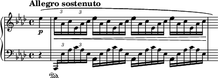 
\new PianoStaff <<
\new Staff = "Up" \with { \magnifyStaff #3/4 } <<
\new Voice \relative c' {
\clef treble
\tempo "Allegro sostenuto"
\set Score.tempoHideNote = ##t \tempo 4 = 104

\key aes \major
\time 4/4
\partial 4
\override TupletBracket.bracket-visibility = #'if-no-beam
\override TupletNumber.Y-offset = #3
\tupletSpan 8
\stemDown
ees'4 \p (\tuplet 3/2 {ees16 \< \tiny aes, c ees, aes c}
\omit TupletNumber
\tuplet 3/2 {\normalsize ees16 \tiny aes, c ees, aes c \normalsize ees16 \tiny aes, c ees, aes c \normalsize ees16 \tiny aes, c ees, aes c \!} \hide r16)
}
>>
\new Staff = "Down" \with { \magnifyStaff #3/4 } <<
\new Voice \relative c{
\clef bass
\key aes \major
\override TupletBracket.bracket-visibility = #'if-no-beam
\override TupletNumber.Y-offset = #3
\tupletSpan 8
r4 \tuplet 3/2 {\stemUp aes,16 \sustainOn \stemDown \tiny ees'' aes c aes ees}
\omit TupletNumber
\tuplet 3/2 {\normalsize aes, \tiny ees' aes c aes ees \normalsize aes, \tiny ees' aes c aes ees \normalsize aes, \tiny ees' aes c aes ees} s16
}
>>
>>
