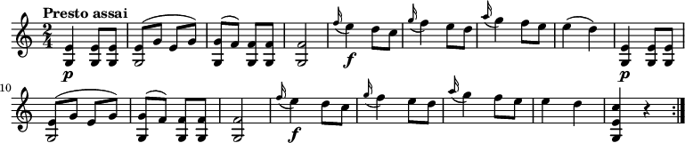 
\relative c'' {
    \version "2.18.2"
    \clef "treble" 
    \tempo "Presto assai" 
    \key c \major
    \time 2/4
   <g, e'>4  \p <g e'>8 <g e'>
   <<{e'8^(g e g)} {g,2}>>
   <g g'>8 ^(f')  <g, f'> <g f'>
   <g f'>2
   \grace f''16 (e4)  \f d8 c
   \grace g'16 (f4) e8 d
   \grace a'16 (g4) f8 e
   e4 (d)
   <g,, e'>4  \p <g e'>8 <g e'>
   <<{e'8^(g e g)} {g,2}>>
   <g g'>8 ^ (f')  <g, f'> <g f'>
   <g f'>2
   \grace f''16 (e4)  \f d8 c
   \grace g'16 (f4) e8 d
   \grace a'16 (g4) f8 e
   e4 d
   <g,, e' c'>4 r4 \bar ":|."
     }
