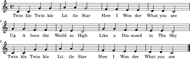 
  \relative c' {
    \key c \major \time 4/4
    c4 c4 g'4 g4 a4 a4 g2 f4 f4 e4 e4 d4 d4 c2 \break
    g'4 g4 f4 f4 e4 e4 d2 g4 g4 f4 f4 e4 e4 d2 \break
    c4 c4 g'4 g4 a4 a4 g2 f4 f4 e4 e4 d4 d4 c2 \bar "|."
   }

   \addlyrics {
     Twin kle Twin kle Lit tle Star How I Won der What you are
     Up A bove the World so High Like a Dia mond in The Sky
     Twin kle Twin kle Lit tle Star How I Won der What you are
   }

