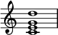 
{
\override Score.TimeSignature #'stencil = ##f
\relative c' {
   \clef treble
   \time 4/4
   \key c \major
   <c e g d'>1
} }
