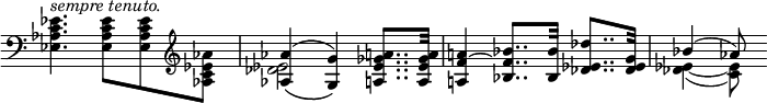 
 \relative c' {
  \new Staff \with { \remove "Time_signature_engraver" } { \key c \major \time 3/4 \clef bass
   <<
    {
     \stemDown <es c aes es>4. ^\markup \italic { sempre tenuto. } <es c aes es>8 <es c aes es> \clef treble <aes es c aes>
     \stemUp <aes aes,>4( _\( <g g,>) \) <a! ges es a,!>8.. <a ges es a,>32
     <a! f~ a,!>4 <bes f bes,>8.. <bes bes,>32 <des es, des>8.. <g, es des>32 bes4( aes8)
    }
   \\
    { s2. <es des>2 s4 s2. <es~ des>4( <es c>8)  }
   >>
  }
}
